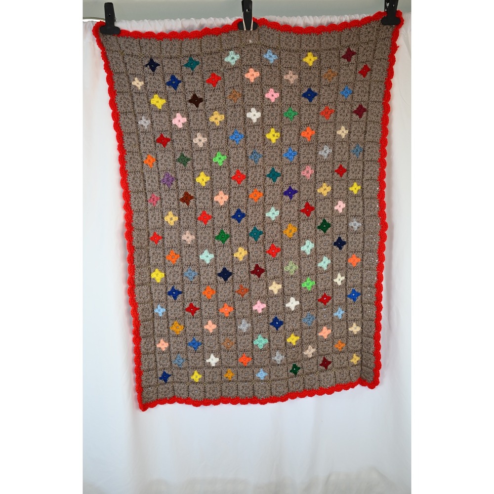 Vintage Handmade Crochet Lap Blanket Multi-Color Star Motif Red Border